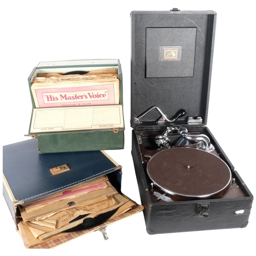 173 - A vintage 'HMV' portable gramophone and 2 cases of 78rpm records.