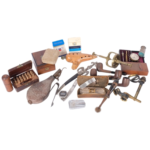 207 - Various interesting items including a leather powder flask, Victorian walnut travelling pocket watch... 