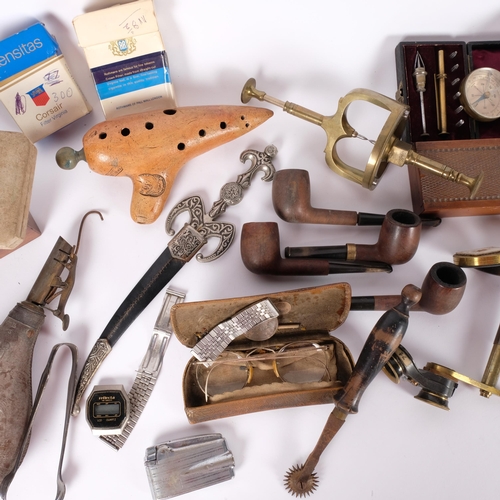 207 - Various interesting items including a leather powder flask, Victorian walnut travelling pocket watch... 