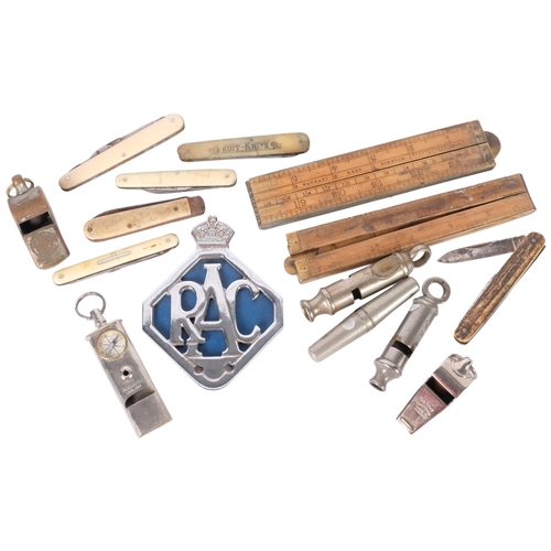 209 - 2 vintage brass bound folding rules, pen knives, Acme scout combination whistle-compass, etc.