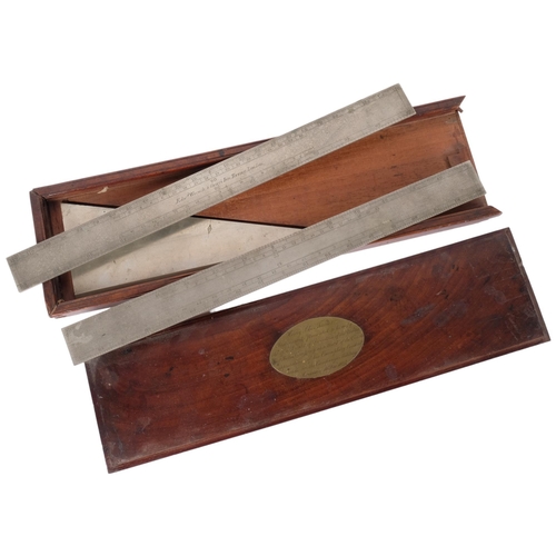 210 - A cased set of 2 Victorian steel rulers and a triangle, the Edward wrench. Presented to Henry Blois ... 