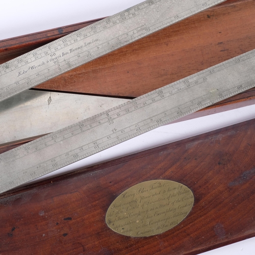 210 - A cased set of 2 Victorian steel rulers and a triangle, the Edward wrench. Presented to Henry Blois ... 