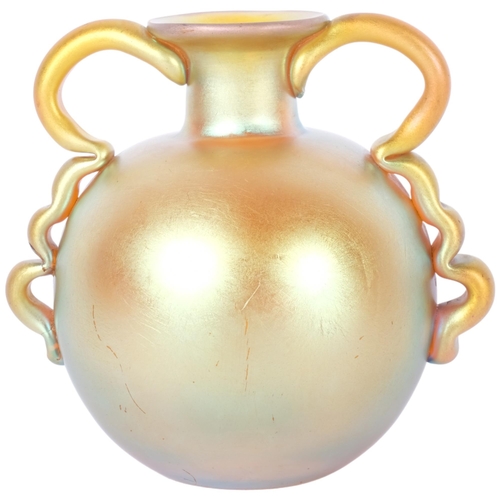 217 - WMF - An early 20th century Myra-krystall 2 handled globular glass vase with gold and purple iridesc... 