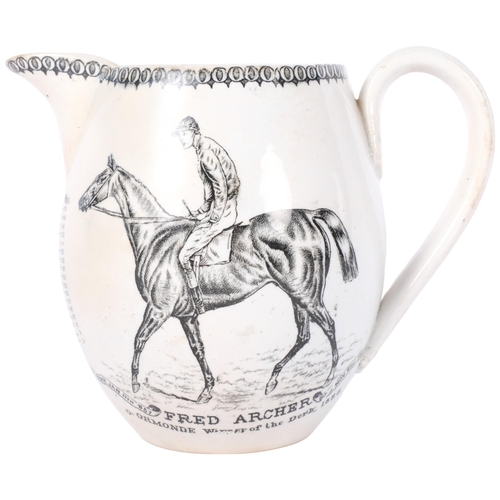 218 - FRED ARCHER - An exhibited commemorative jug celebrating the winner of the derby in 1886 on Ormond. ... 