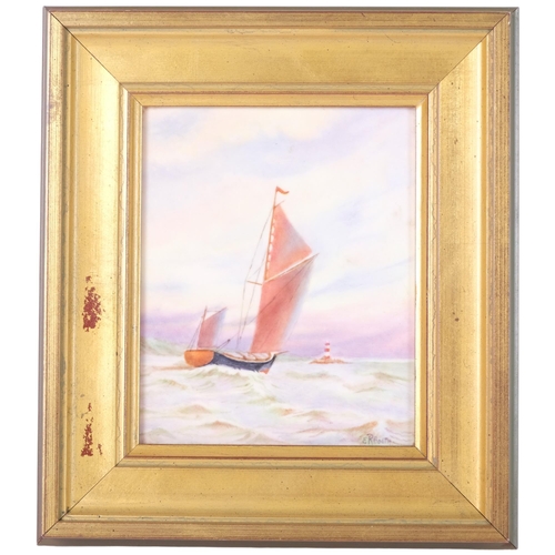 221 - ER Booth - a hand painted porcelain panel (sailing home). Image size - 13x10.5cm, overall 21x 19cm.