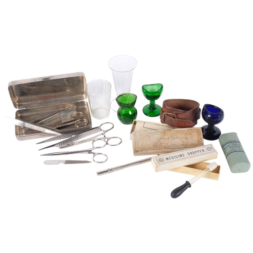 227 - Various items including nickel box with medical instruments, Bristol green eye-baths, thermometer et... 