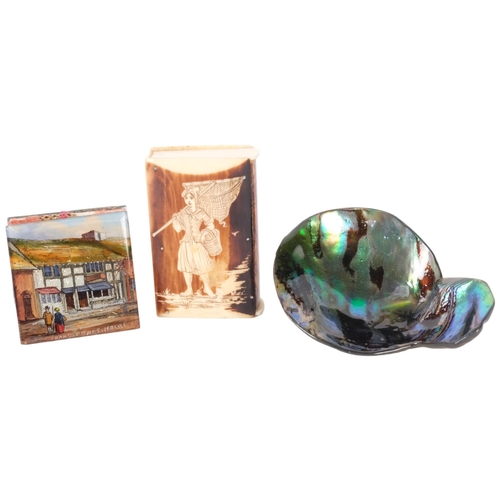 237 - An abalone shell caddy spoon, a horn/Bakelite Vesta case, and a reverse painted glass stamp case (3)