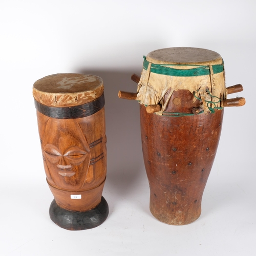 70 - 2 African hardwood drums. Tallest - 63cm.