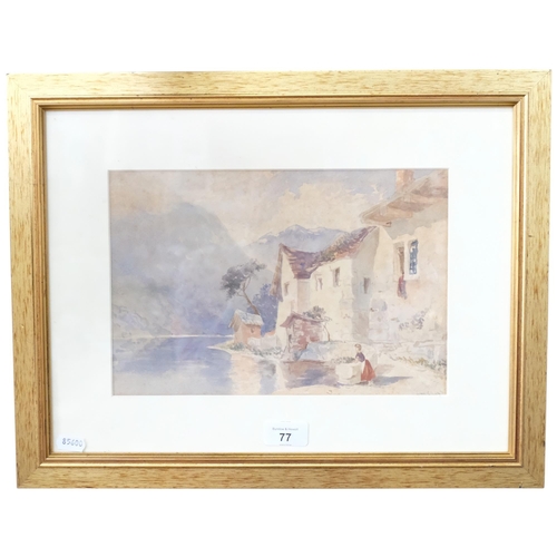 77 - A Victorian watercolour, continental scene - figure by a river. Signed and dated 1883. 36x46cm. Fram... 