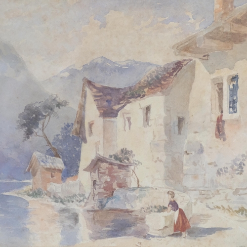 77 - A Victorian watercolour, continental scene - figure by a river. Signed and dated 1883. 36x46cm. Fram... 