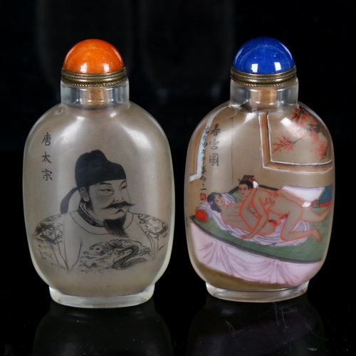 701 - 2 Chinese inside-painted glass snuff bottles, including erotic example with hardstone lid, signed, h... 