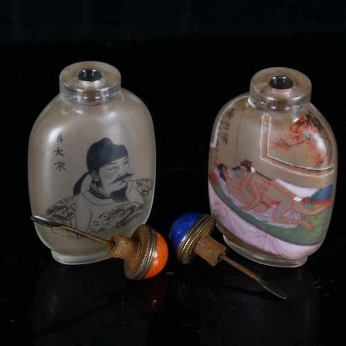 701 - 2 Chinese inside-painted glass snuff bottles, including erotic example with hardstone lid, signed, h... 