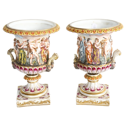 551 - A pair of early 20th century Naples campana urns on marble bases, H21cm