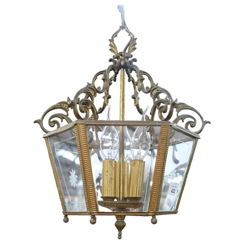 181 - A brass hexagonal wall lantern, with etched glass panels, drop approx 60cm