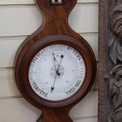 367 - A 19th century mahogany and satinwood-strung wheel barometer, L95cm