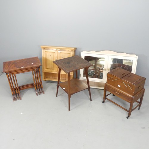 2697 - A mahogany quartetto nest of four occasional tables, an oak cantilever sewing box on stand, 50x57x31... 