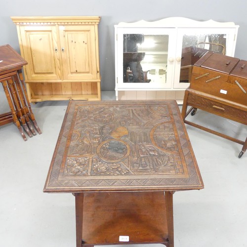 2697 - A mahogany quartetto nest of four occasional tables, an oak cantilever sewing box on stand, 50x57x31... 