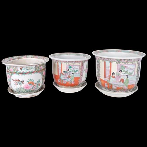 416 - 3 similar Chinese porcelain jardinieres with stands, largest 27.5cm diameter