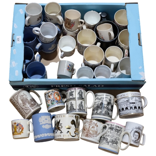 424 - A boxful of Royal commemorative mugs, including Wedgwood Jasperware, and Trafalgar and Bayeux tapest... 