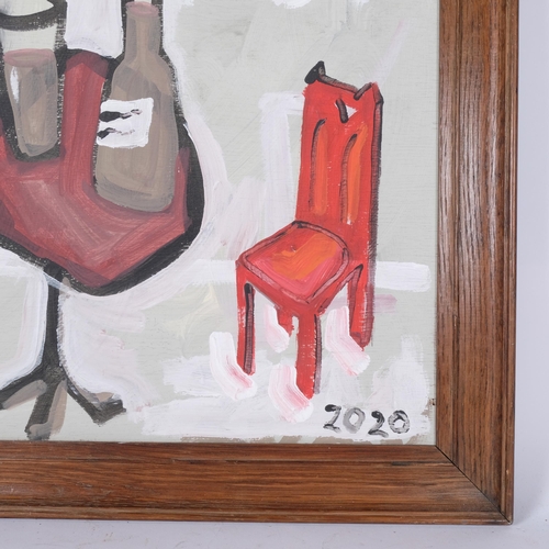 426 - Oak-framed impressionist style study of table and chair, signed Drew, 2020, 44cm x 50cm