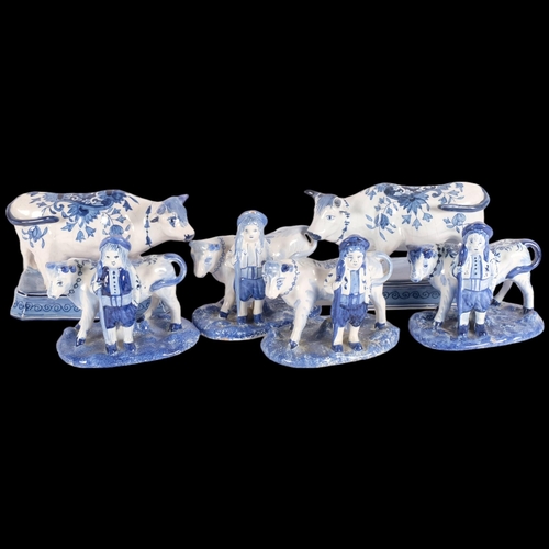 462 - Delft blue and white faience pottery bull and farmer, length 14cm, and 3 similar figures, and 2 faie... 