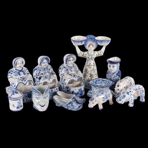 463 - 2 faience pottery hippos, a rhino, a pair of slippers, Delft Toby jug, 11cm etc