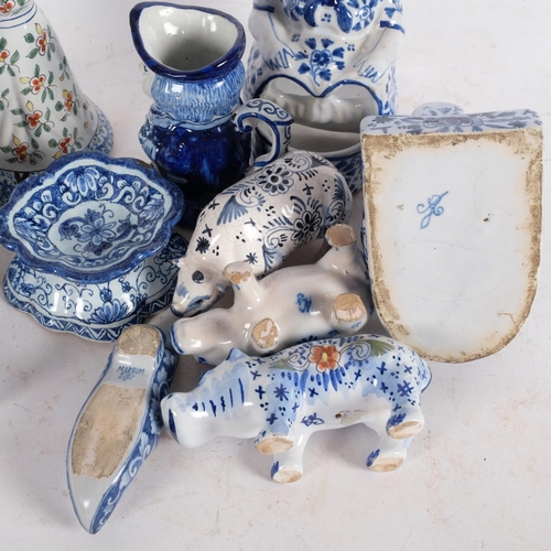 463 - 2 faience pottery hippos, a rhino, a pair of slippers, Delft Toby jug, 11cm etc