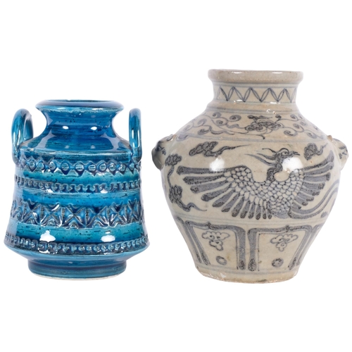 466 - An Aldo Londi Bitossi 2-handled pot, and a Middle Eastern glazed clay pot, with painted bird decorat... 