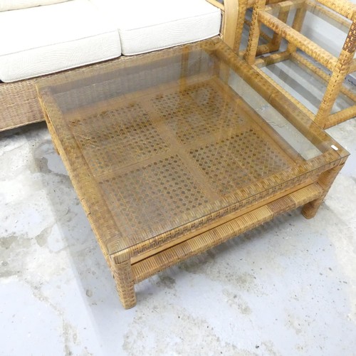 2499 - A pair of contemporary rattan shelving units with inset glass shelves, 70x199x40cm,
and a matching c... 