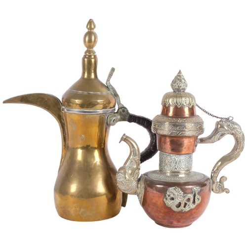 468 - A Turkish brass dhalla with wicker-covered handle, and a Tibetan coffee pot with applied dragon deco... 