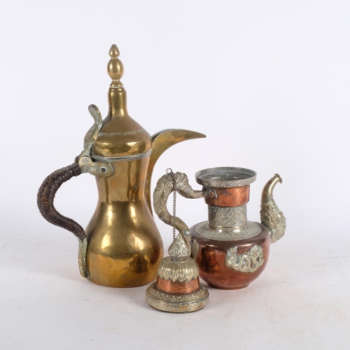 468 - A Turkish brass dhalla with wicker-covered handle, and a Tibetan coffee pot with applied dragon deco... 