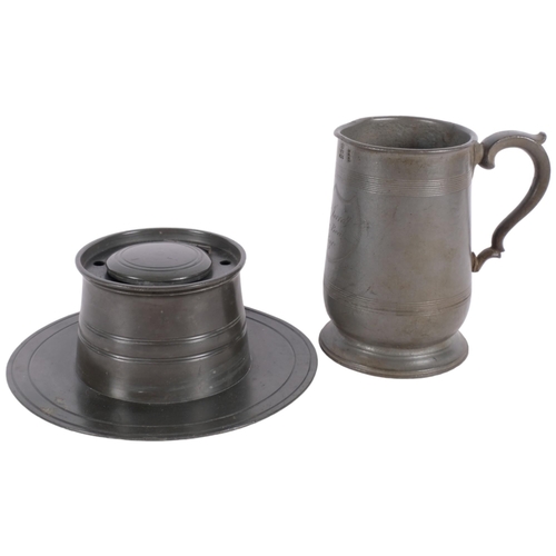 488 - A pewter quart tankard engraved Thos Jarrett Ferry Boat Inn Rye, stamped VR1892, and a large Capstan... 