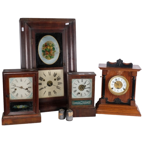 492 - An American wall clock with glass panel, H65cm, and 3 various mantel clocks