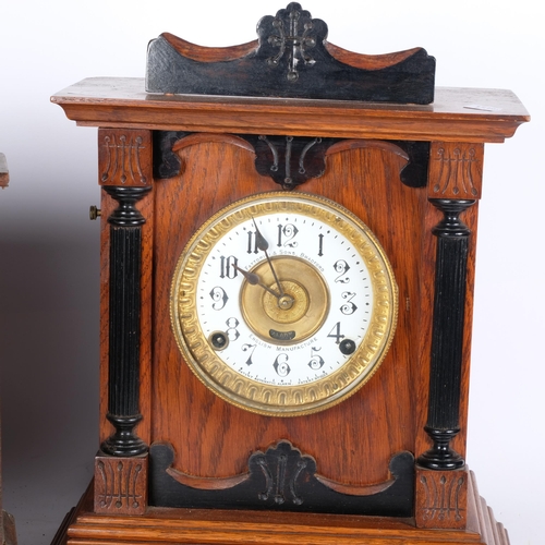 492 - An American wall clock with glass panel, H65cm, and 3 various mantel clocks