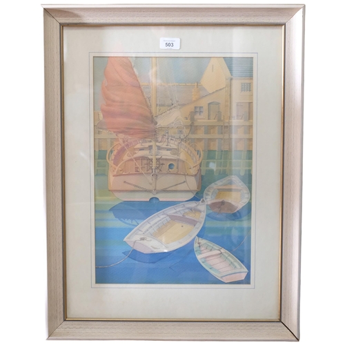 503 - F R Morgan - watercolour - moored boats at quayside. Signed and dated 1979. 66x50cm, framed.