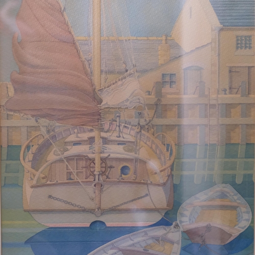 503 - F R Morgan - watercolour - moored boats at quayside. Signed and dated 1979. 66x50cm, framed.