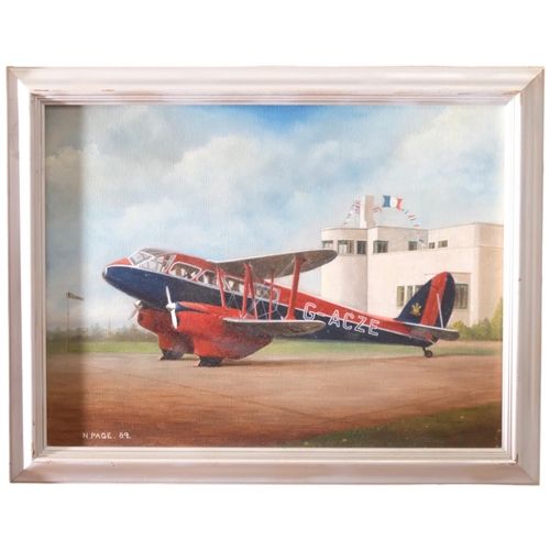 508 - N Page - oil on canvas - study of a De Havilland DH-89A. Call sign G-ACZE. 37x46cm, framed. Signed a... 