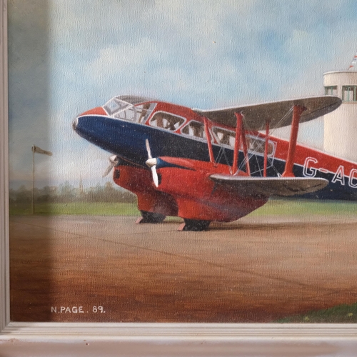 508 - N Page - oil on canvas - study of a De Havilland DH-89A. Call sign G-ACZE. 37x46cm, framed. Signed a... 