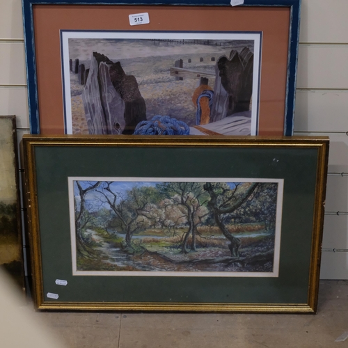 513 - Michael Noel Stevenson - pastels - Lorna Doune Valley, Devon, framed. And Annie Soudin - coloured pr... 