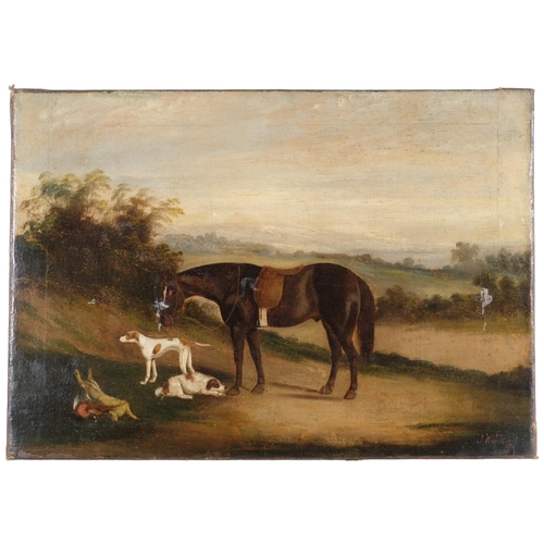 514 - A 19th century oil on canvas - End of the hunt. 43x61cm, unframed.