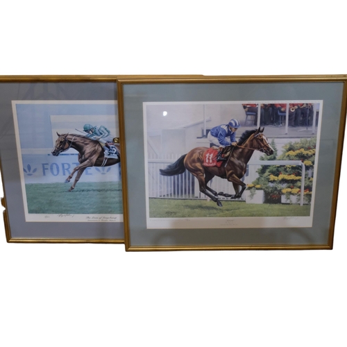 515 - A group of 3 limited edition coloured horse racing prints, including Dancing Brave 458/500, signed b... 