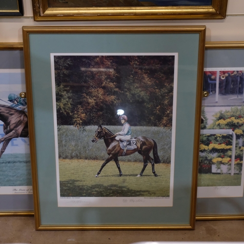 515 - A group of 3 limited edition coloured horse racing prints, including Dancing Brave 458/500, signed b... 