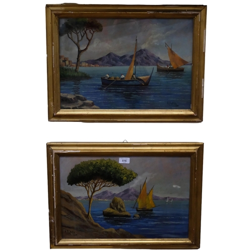 516 - A pair of contemporary oil on boards, Italian fishing boats. 41x57cm, gilt framed.