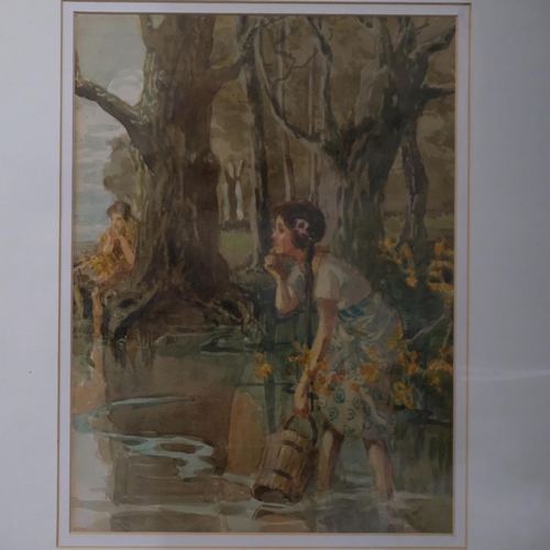 518 - Girl collecting water from a lake, early 20th century watercolour, unsigned, 27cm x 20cm, framed