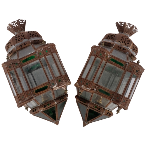 270 - A pair of Moroccan style green and mirrored glass porch lights, H48cm