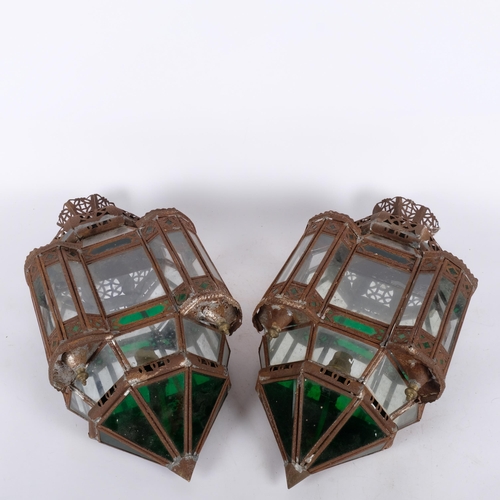 270 - A pair of Moroccan style green and mirrored glass porch lights, H48cm