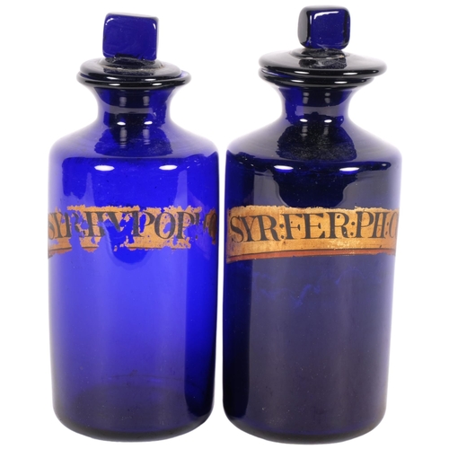 289 - A pair of 19th century Bristol blue glass apothecary jars, with original labels, H19cm including sto... 