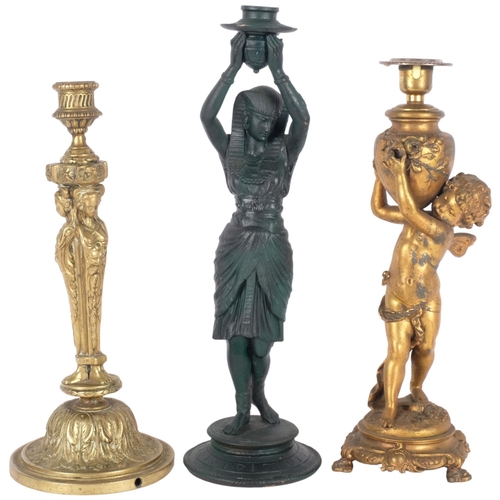 291 - Antique cast-brass candle, supported by the Three Graces, 33cm, an Egyptian style candlestick, and a... 