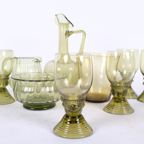 293 - A set of 6 Arts and Crafts roemer glasses and other green Arts and Crafts glassware, including Powel... 