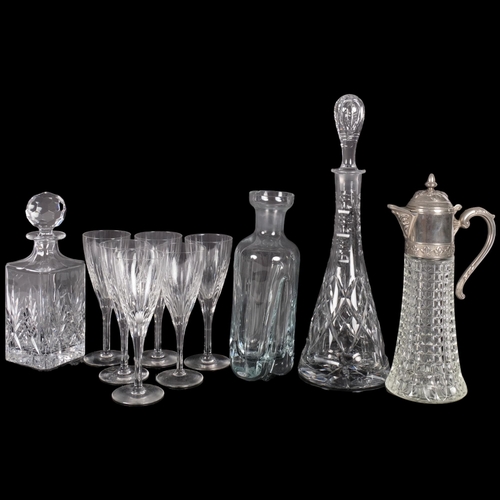 298 - A tall cut-crystal decanter and stopper, 40.5cm, a Claret jug with plated mount, 6 crystal wine glas... 